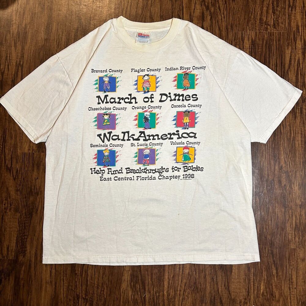 Vintage Hanes Retro March of Dimes Walk America Graphic Men's TShirt White Sz XL